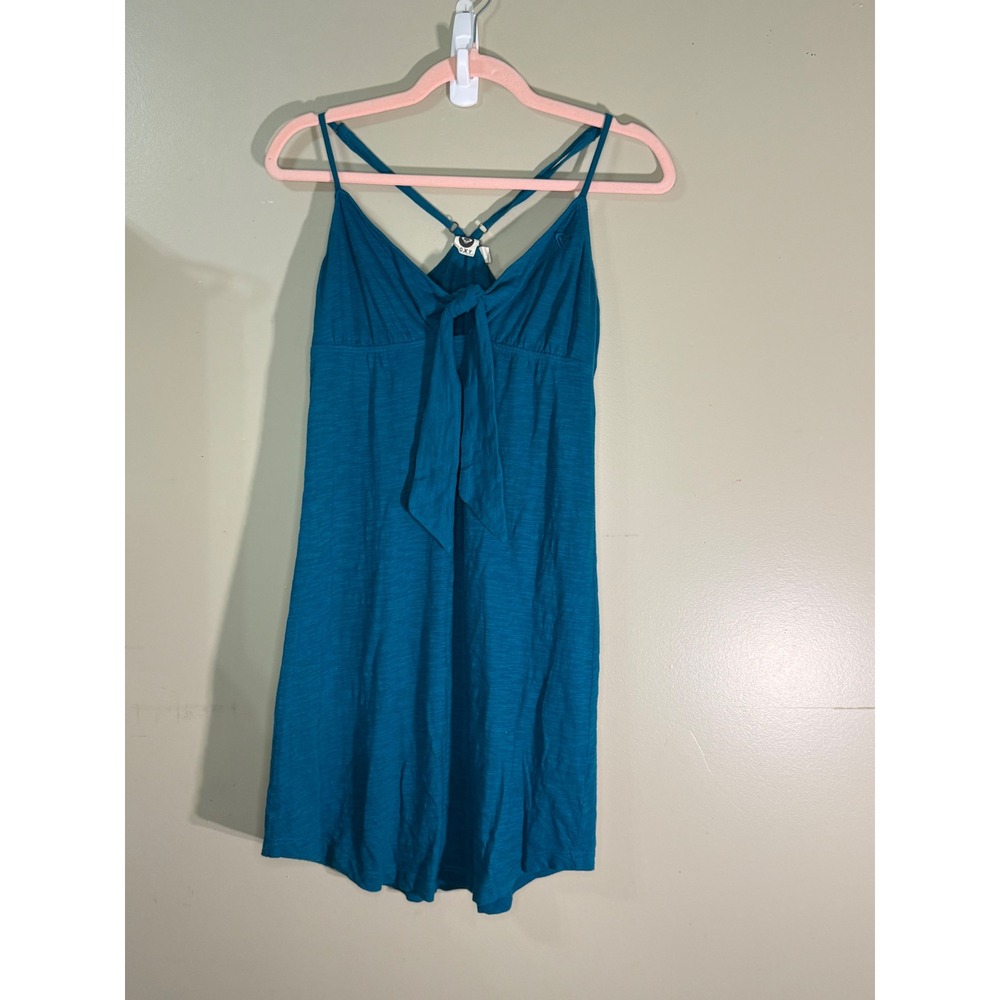 Roxy Surf Teal Blue Cotton Slub Knit Tie Front Mini Dress Medium 620299